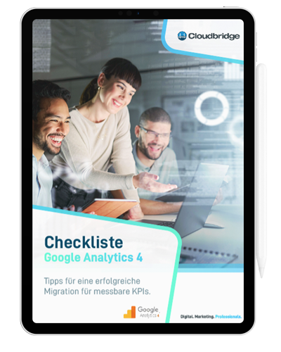 Mrz23_CB_GA4_Checkliste_mockup ipad mit Checkliste zur Google Analytics 4 Mitgration
